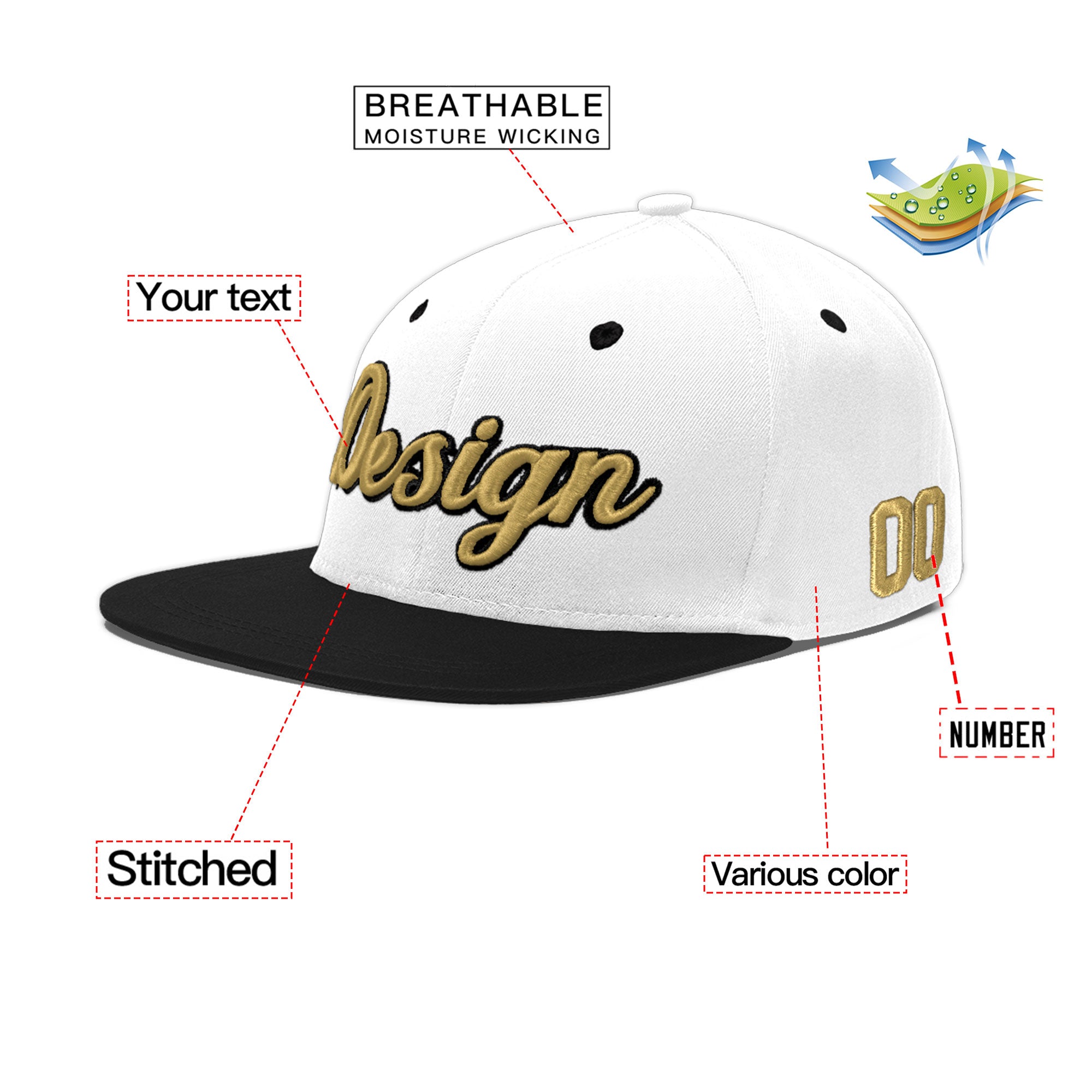 Custom White Black 3D Puff Embroidery Flat Embroidery Casual Sport Baseball Cap