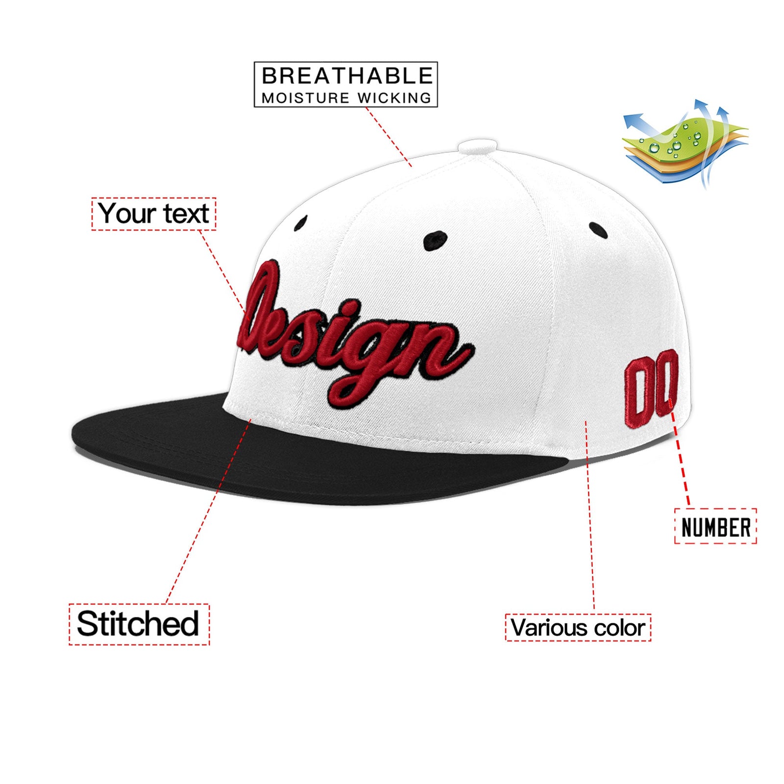 Custom White Black 3D Puff Embroidery Flat Embroidery Casual Sport Baseball Cap