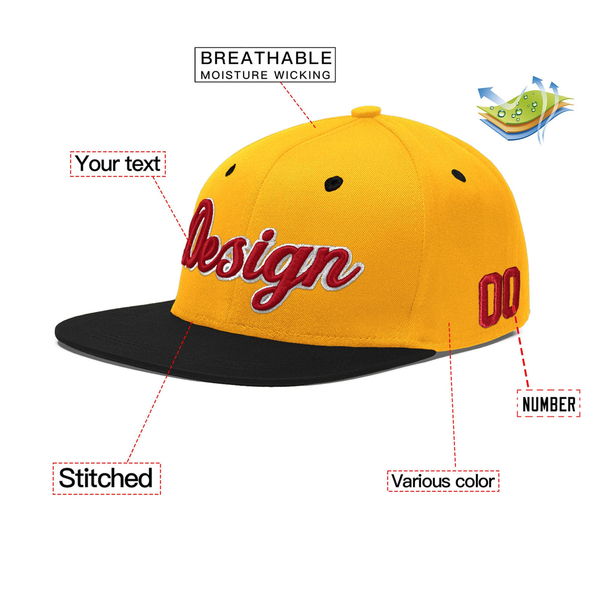 Custom Gold Black 3D Puff Embroidery Flat Embroidery Casual Sport Baseball Cap