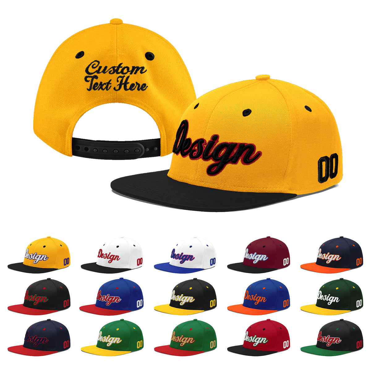 Custom Gold Black 11D Puff Embroidery Flat Embroidery Casual Sport Baseball Cap