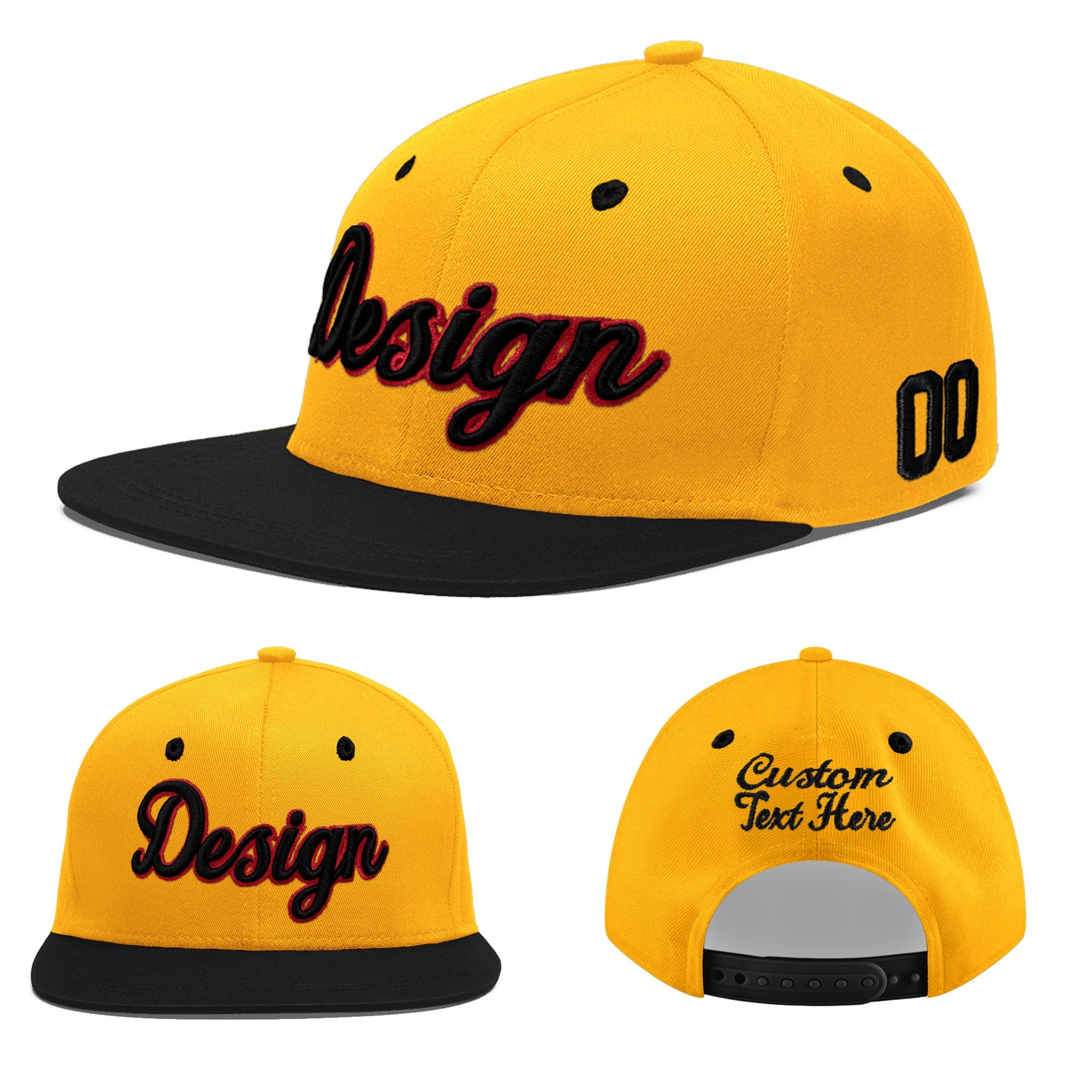 Custom Gold Black 12D Puff Embroidery Flat Embroidery Casual Sport Baseball Cap