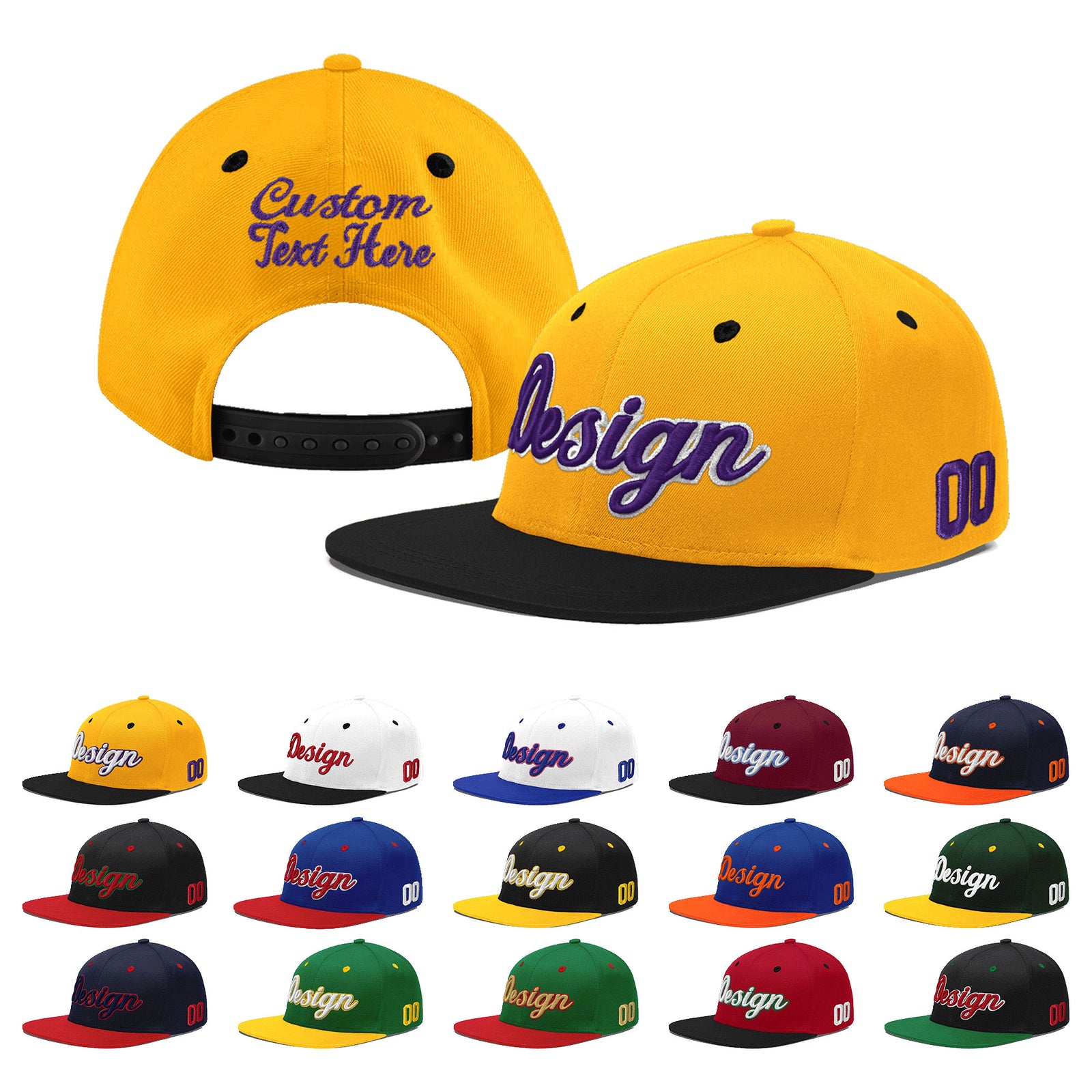 Custom Gold Black 19D Puff Embroidery Flat Embroidery Casual Sport Baseball Cap