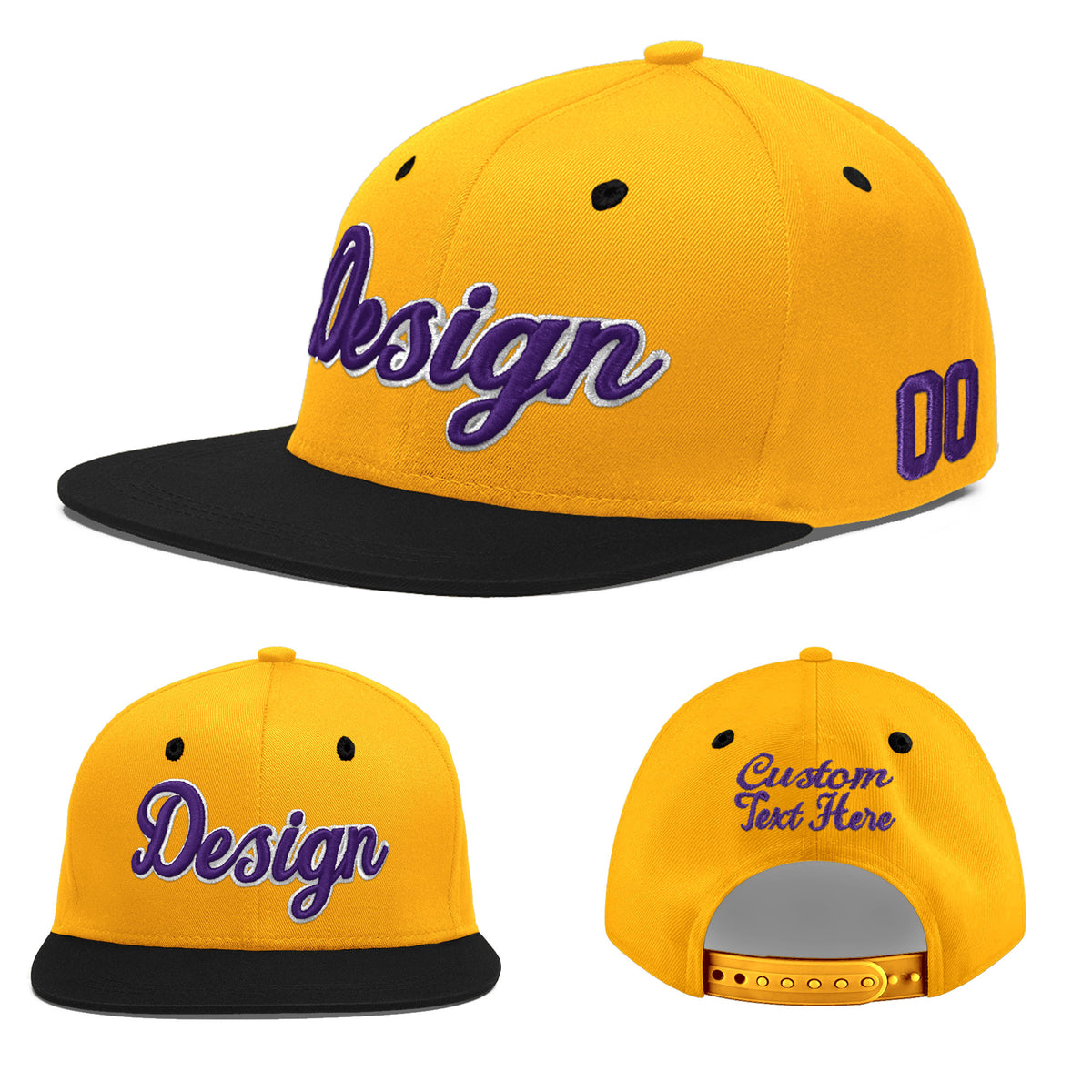 Custom Gold Black 20D Puff Embroidery Flat Embroidery Casual Sport Baseball Cap
