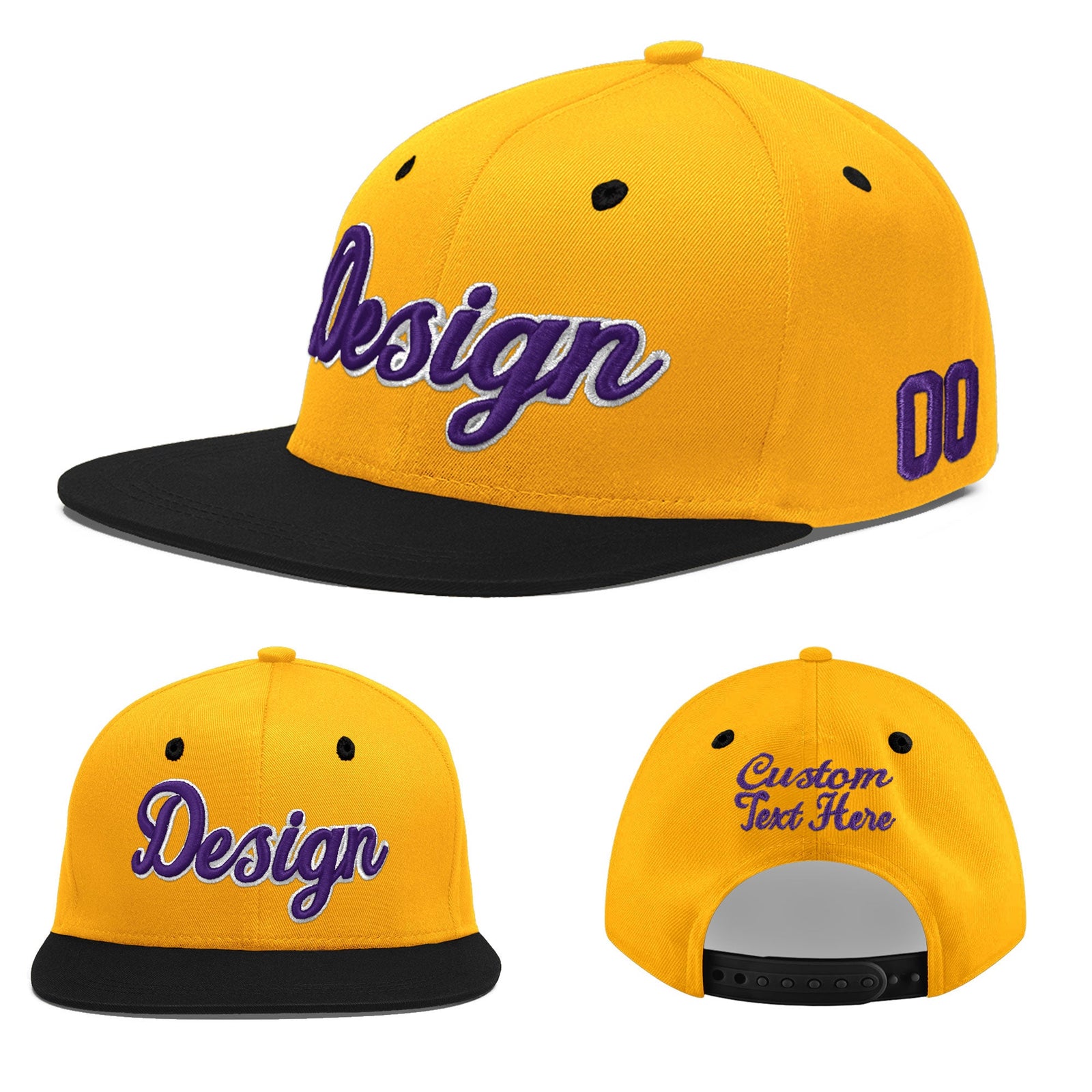 Custom Gold Black 20D Puff Embroidery Flat Embroidery Casual Sport Baseball Cap