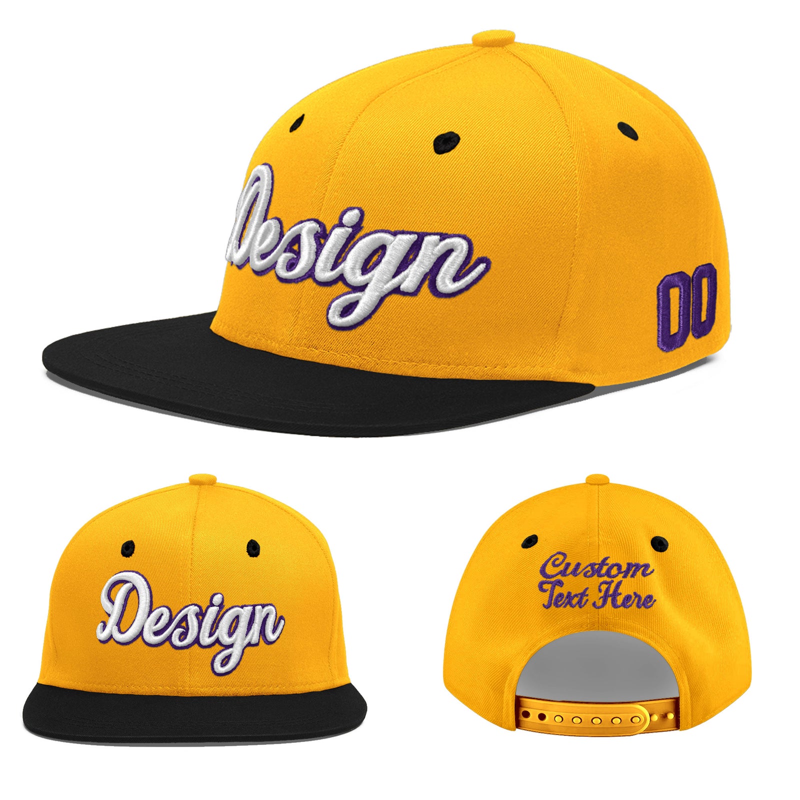 Custom Gold Black 28D Puff Embroidery Flat Embroidery Casual Sport Baseball Cap