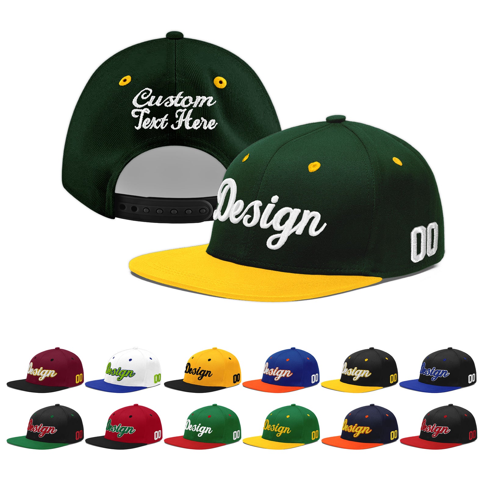 Custom Green Gold 3D Puff Embroidery Flat Embroidery Casual Sport Baseball Cap