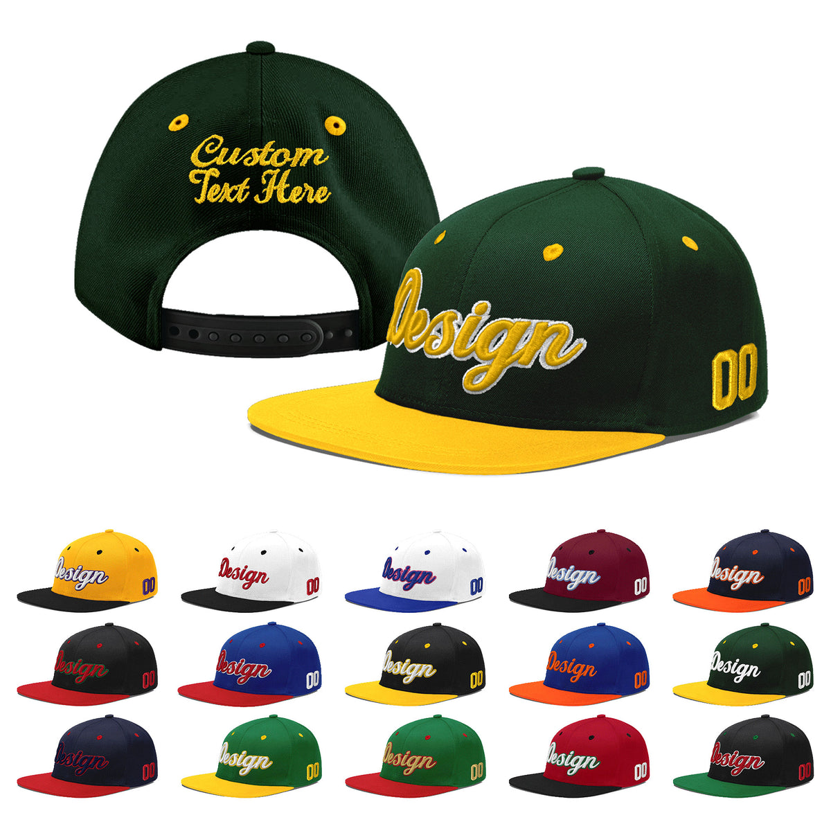 Custom Green Gold 3D Puff Embroidery Flat Embroidery Casual Sport Baseball Cap