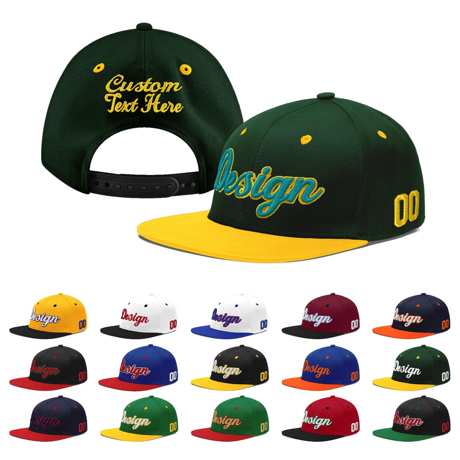 Custom Green Gold 3D Puff Embroidery Flat Embroidery Casual Sport Baseball Cap