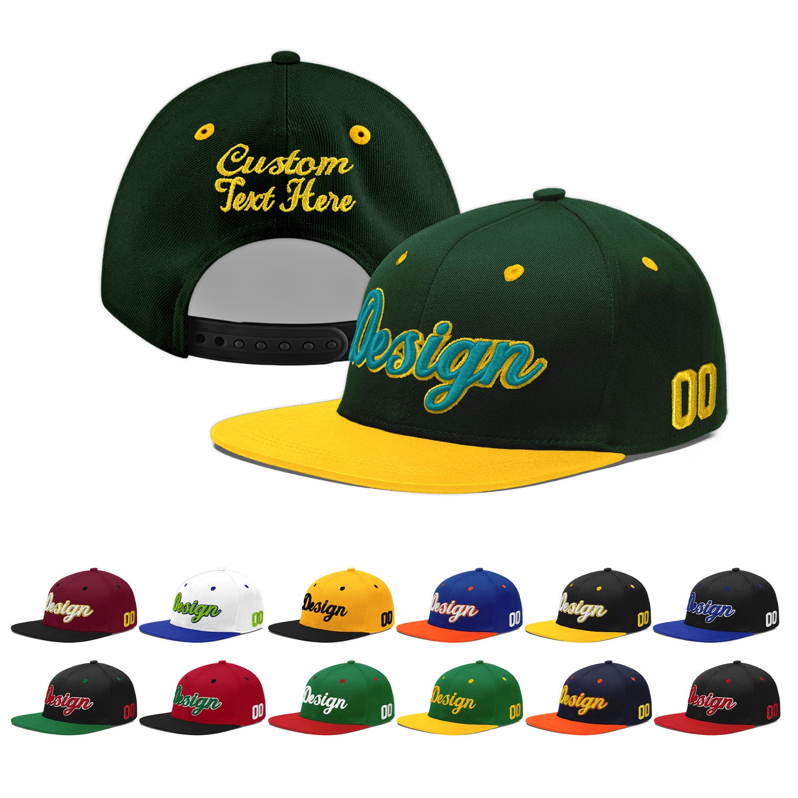 Custom Green Gold 3D Puff Embroidery Flat Embroidery Casual Sport Baseball Cap