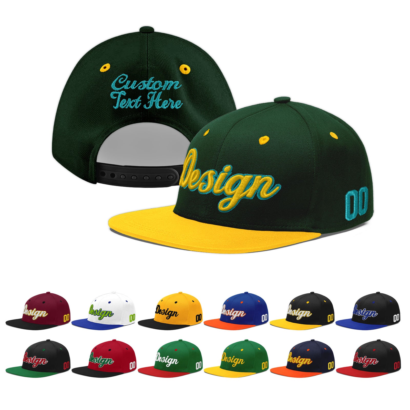 Custom Green Gold 3D Puff Embroidery Flat Embroidery Casual Sport Baseball Cap