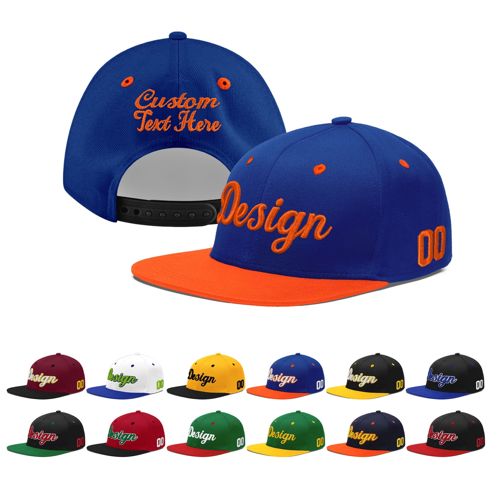 Custom Royal Blue Orange 3D Puff Embroidery Flat Embroidery Casual Sport Baseball Cap