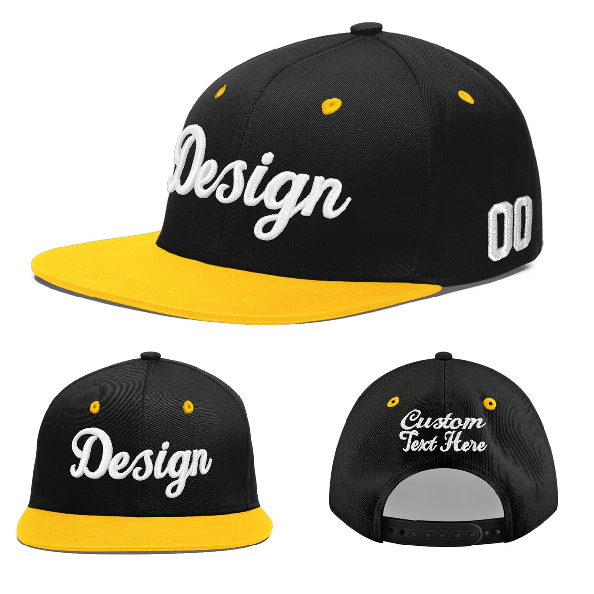 Custom Black Gold 3D Puff Embroidery Flat Embroidery Casual Sport Baseball Cap