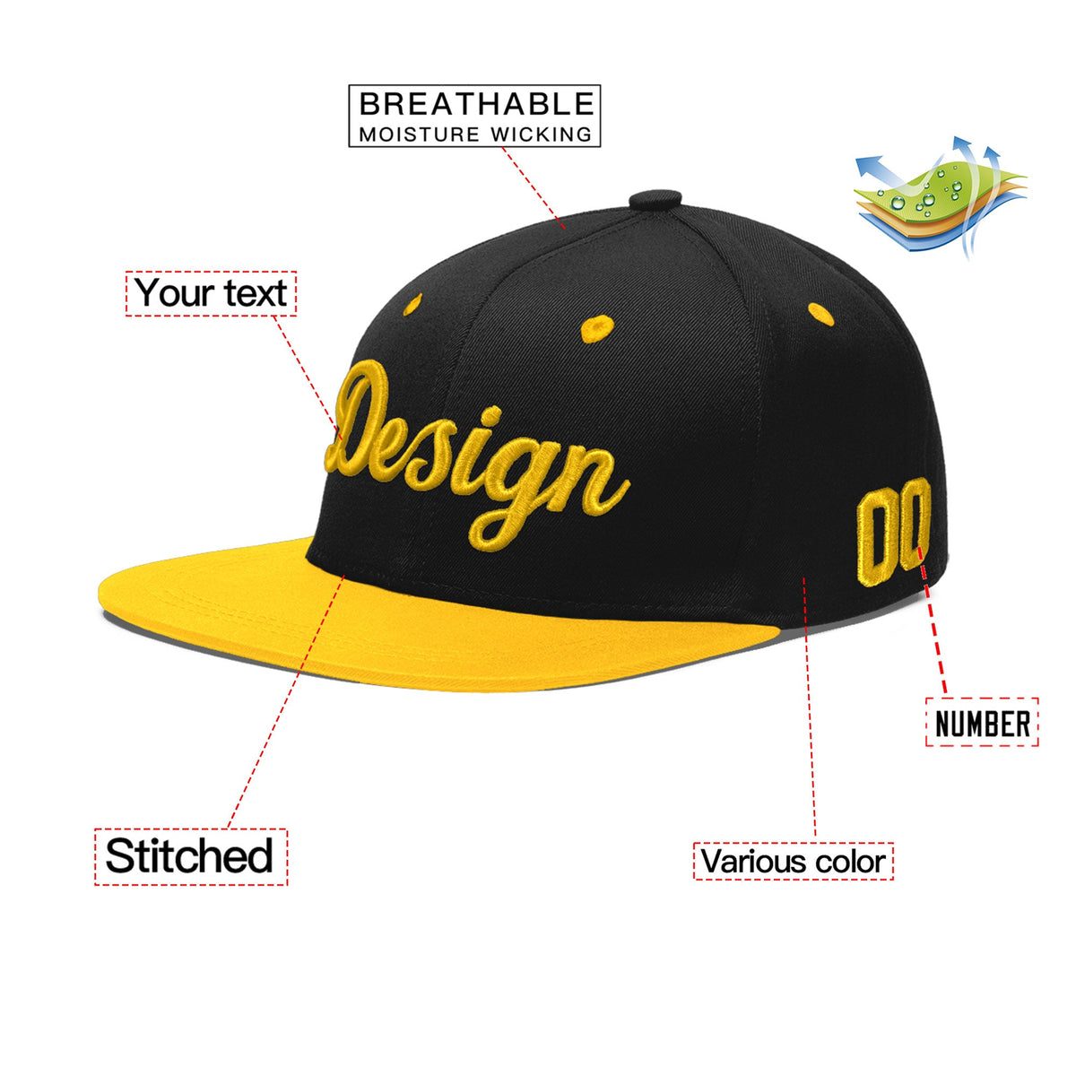 Custom Black Gold 3D Puff Embroidery Flat Embroidery Casual Sport Baseball Cap