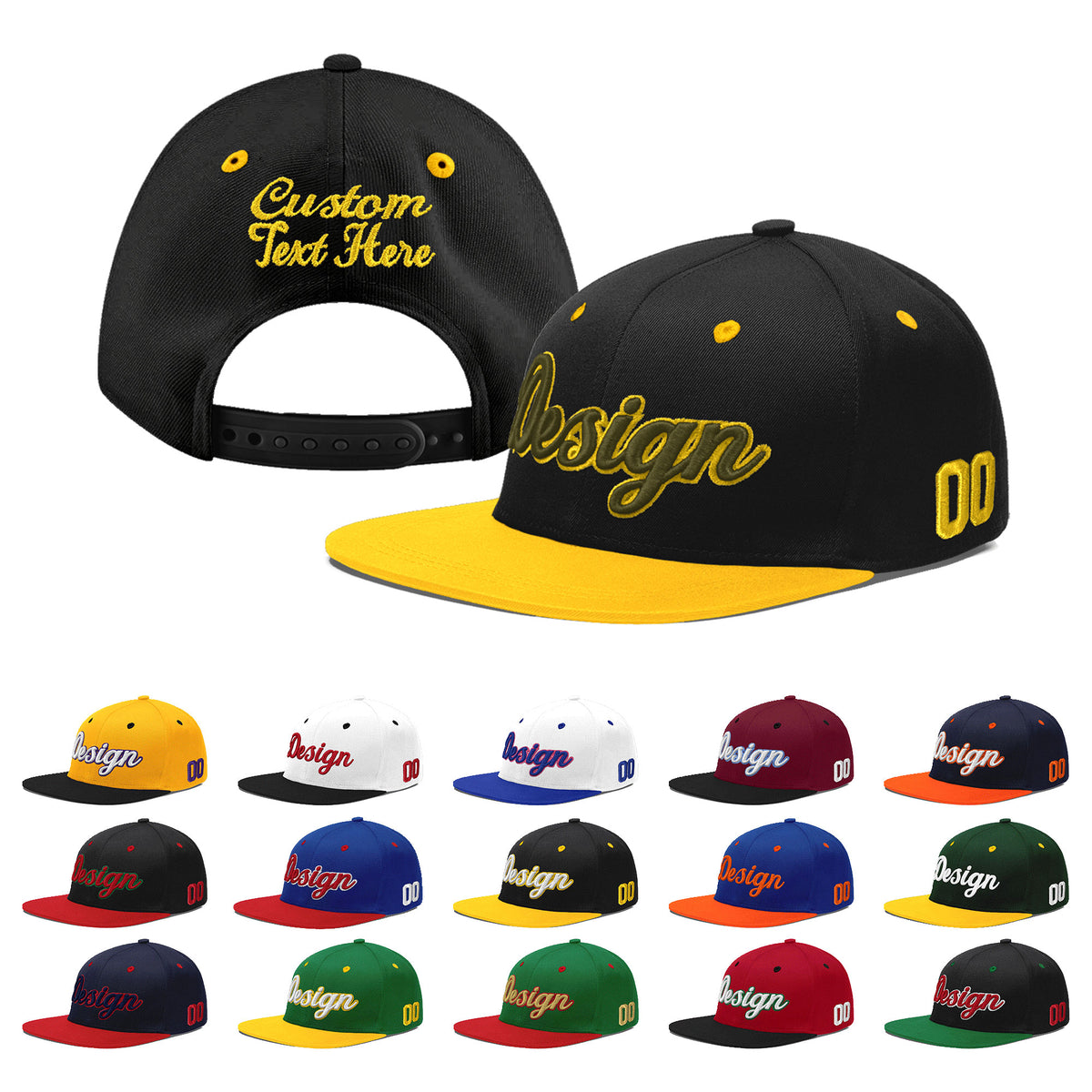 Custom Black Gold 3D Puff Embroidery Flat Embroidery Casual Sport Baseball Cap