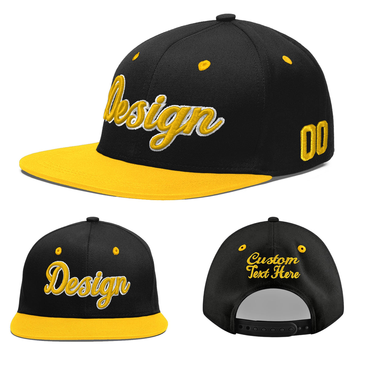 Custom Black Gold 3D Puff Embroidery Flat Embroidery Casual Sport Baseball Cap
