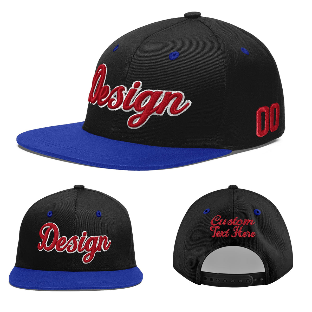Custom Black Royal Blue 3D Puff Embroidery Flat Embroidery Casual Sport Baseball Cap