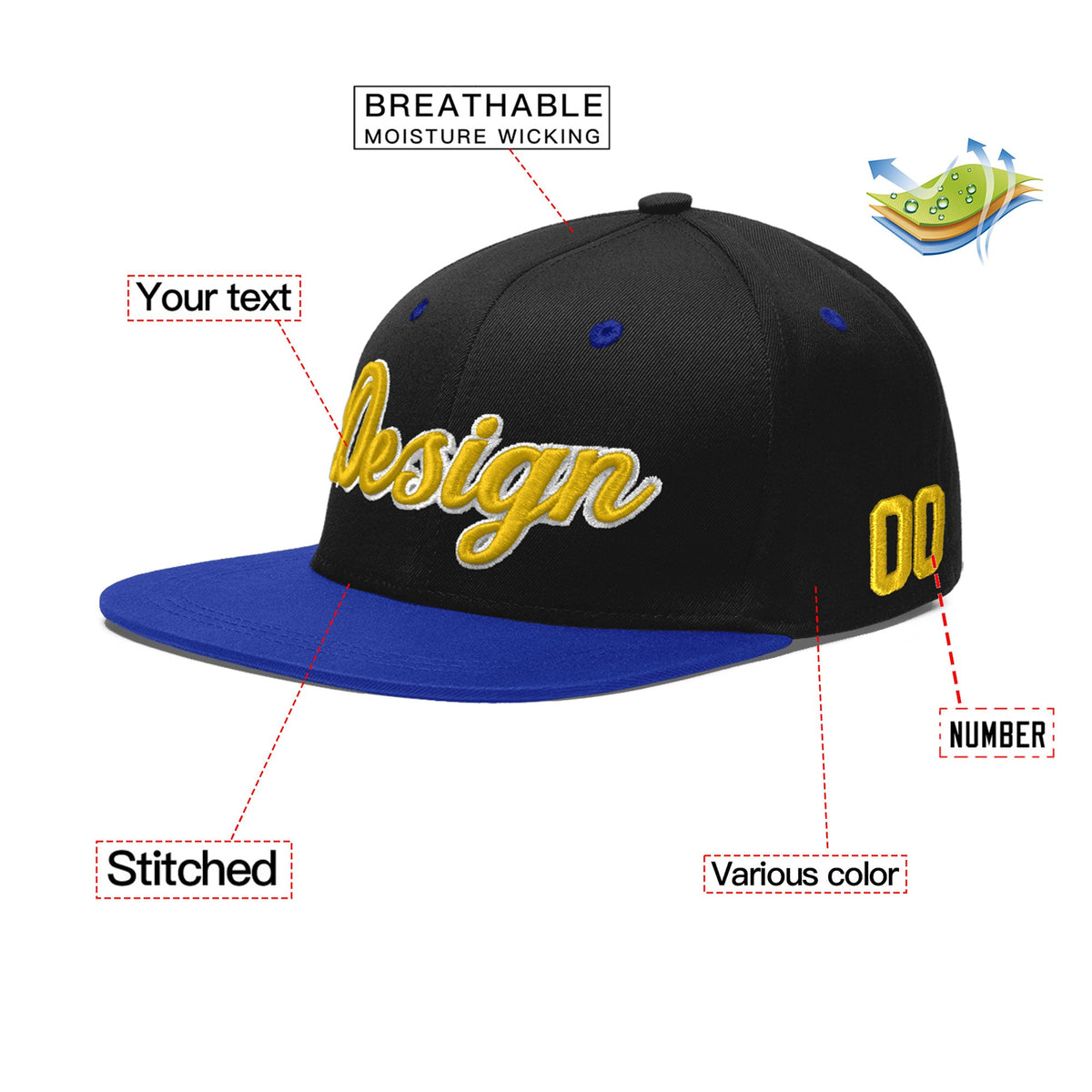 Custom Black Royal Blue 3D Puff Embroidery Flat Embroidery Casual Sport Baseball Cap