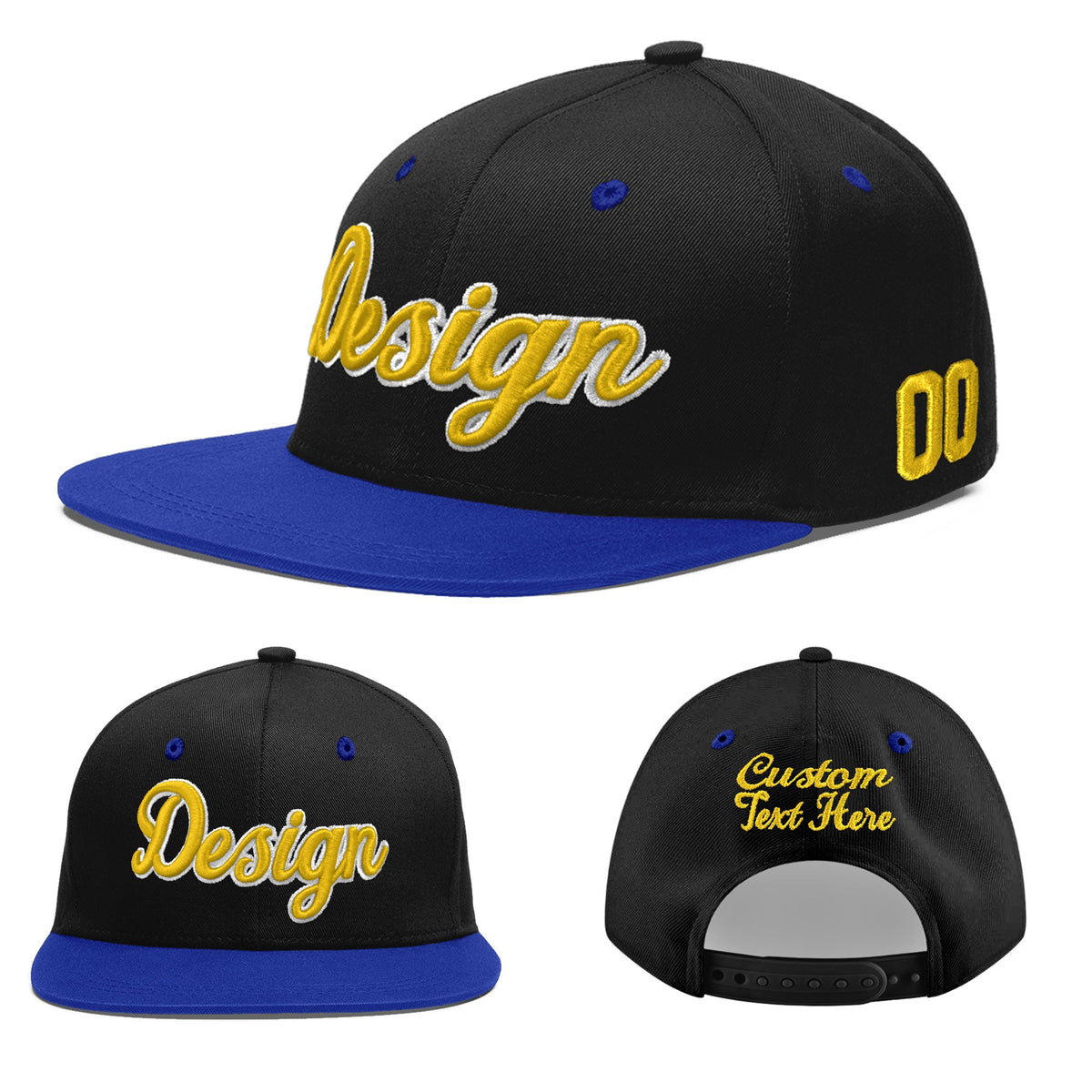Custom Black Royal Blue 3D Puff Embroidery Flat Embroidery Casual Sport Baseball Cap