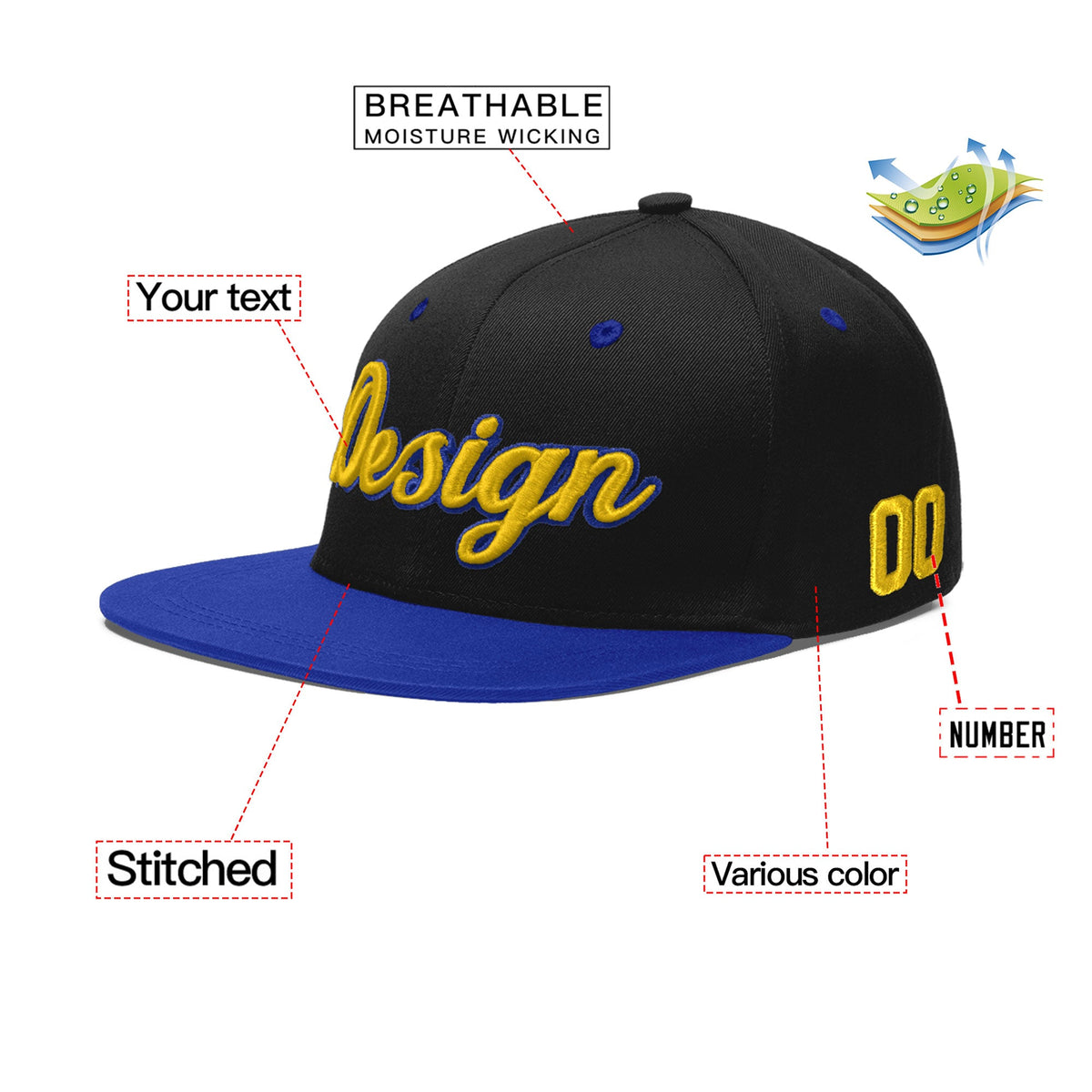 Custom Black Royal Blue 3D Puff Embroidery Flat Embroidery Casual Sport Baseball Cap