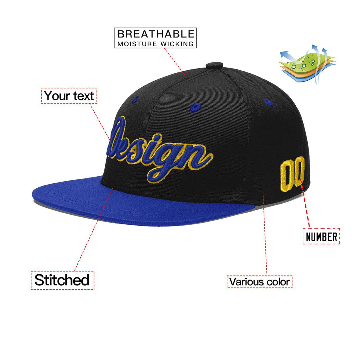 Custom Black Royal Blue 3D Puff Embroidery Flat Embroidery Casual Sport Baseball Cap