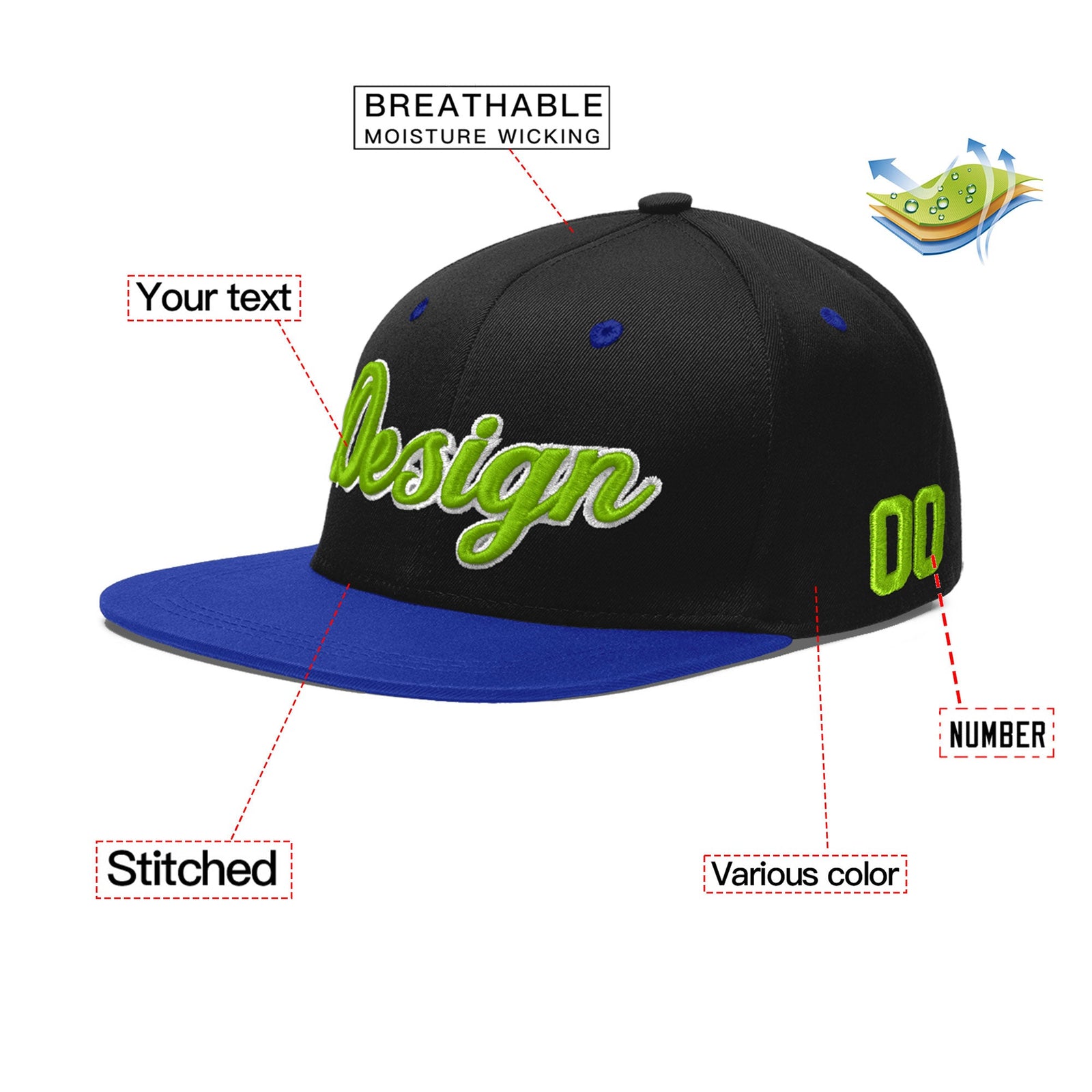 Custom Black Royal Blue 3D Puff Embroidery Flat Embroidery Casual Sport Baseball Cap