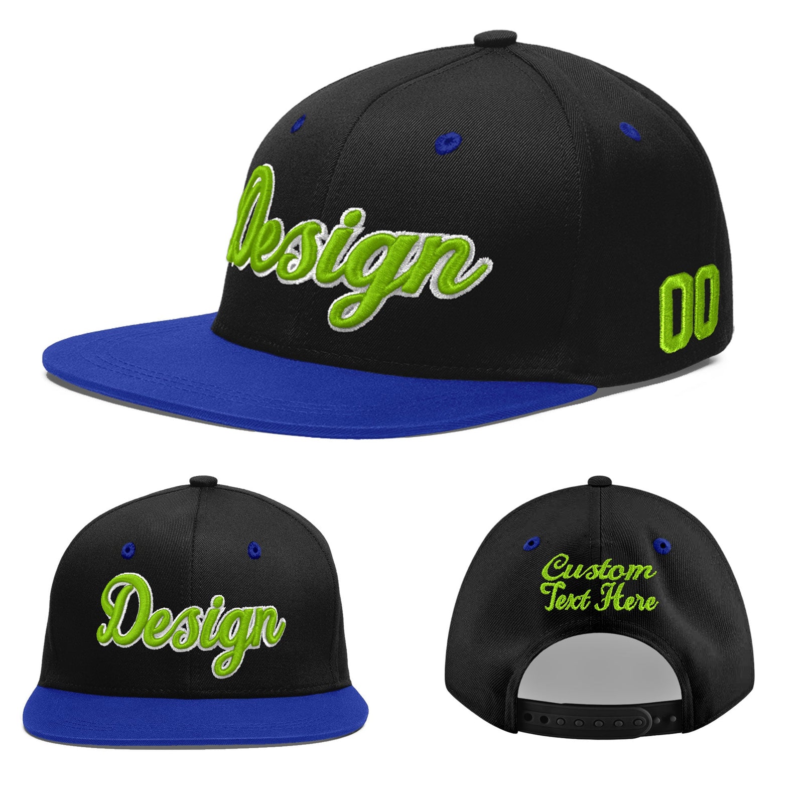 Custom Black Royal Blue 3D Puff Embroidery Flat Embroidery Casual Sport Baseball Cap