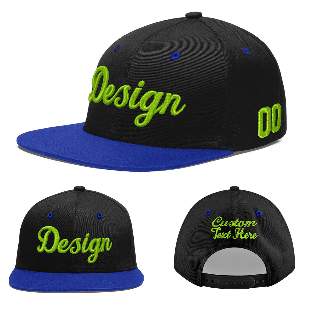Custom Black Royal Blue 3D Puff Embroidery Flat Embroidery Casual Sport Baseball Cap