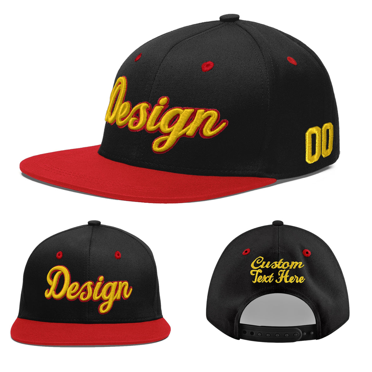 Custom Black Red 3D Puff Embroidery Flat Embroidery Casual Sport Baseball Cap