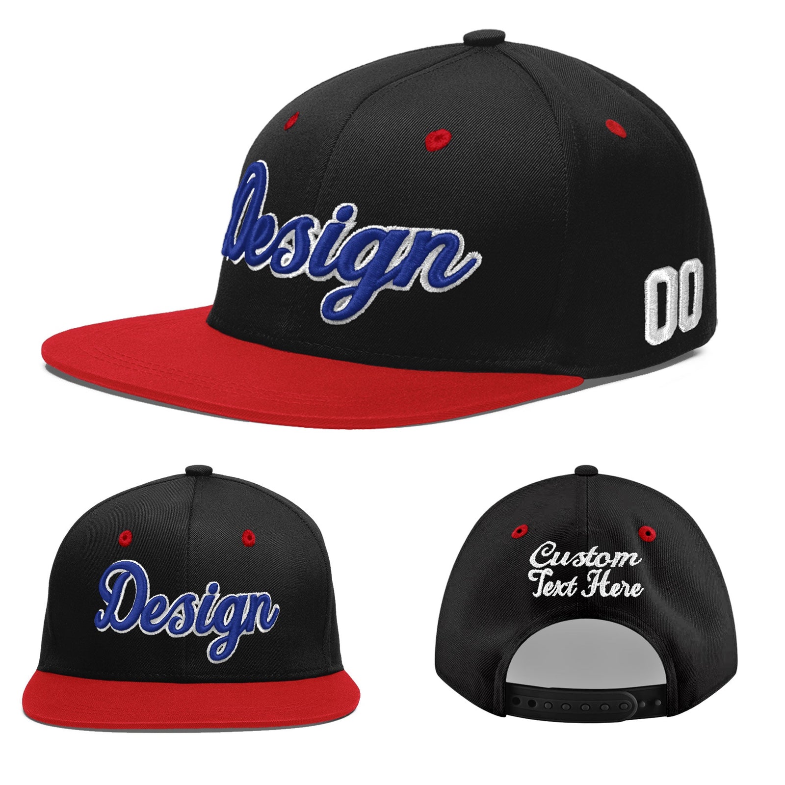 Custom Black Red 3D Puff Embroidery Flat Embroidery Casual Sport Baseball Cap