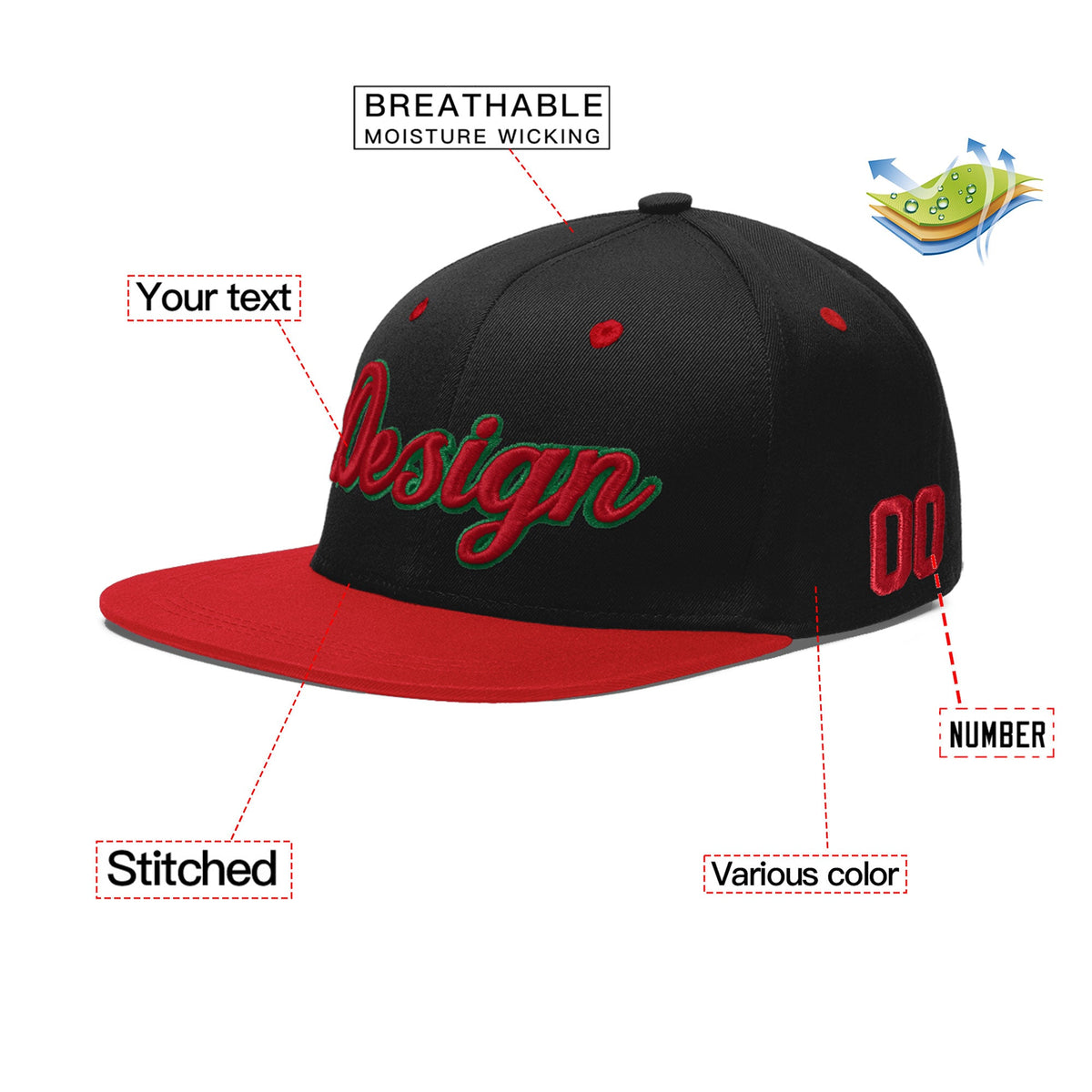 Custom Black Red 3D Puff Embroidery Flat Embroidery Casual Sport Baseball Cap