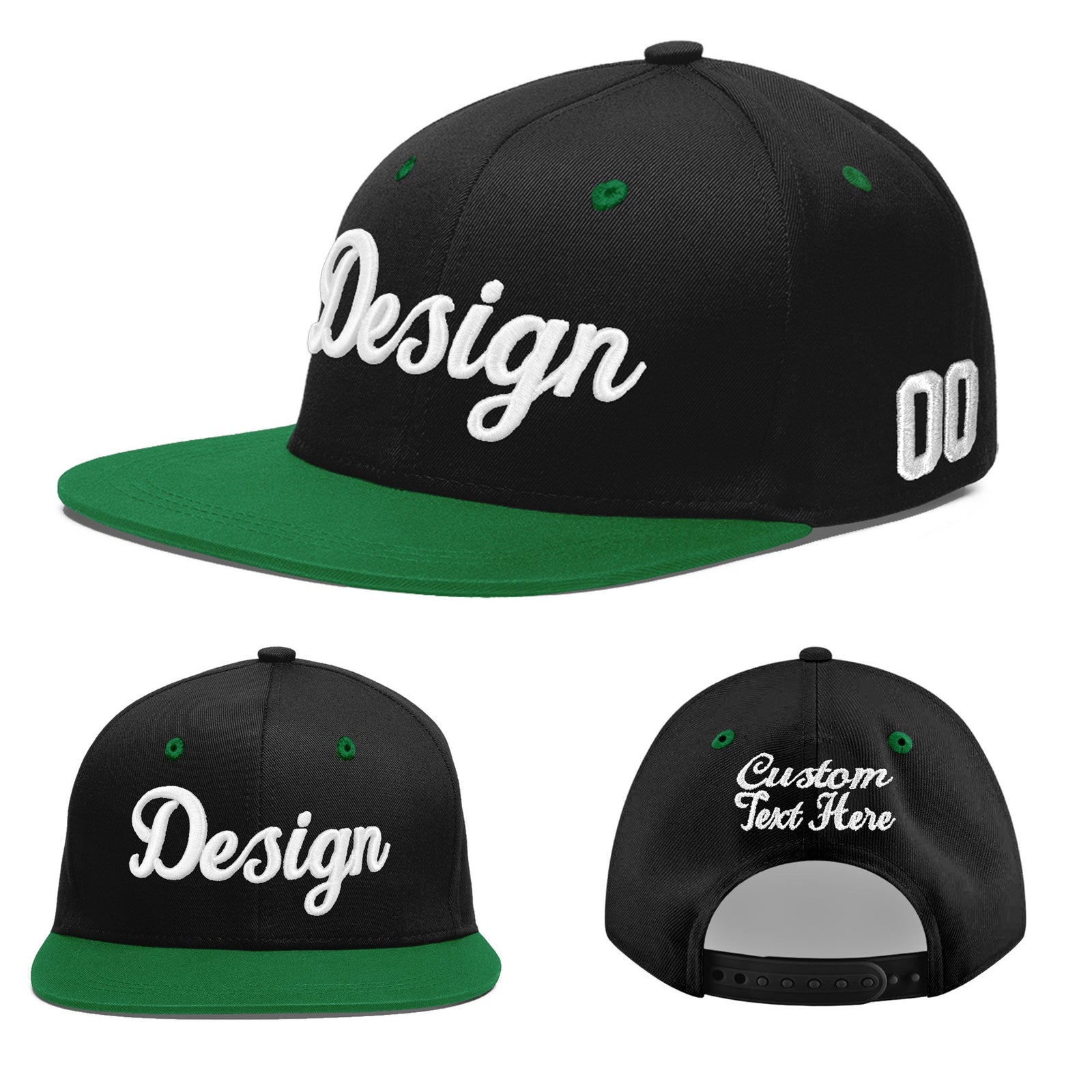 Custom Black Kelly Green 3D Puff Embroidery Flat Embroidery Casual Sport Baseball Cap
