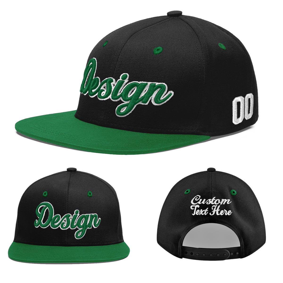 Custom Black Kelly Green 3D Puff Embroidery Flat Embroidery Casual Sport Baseball Cap