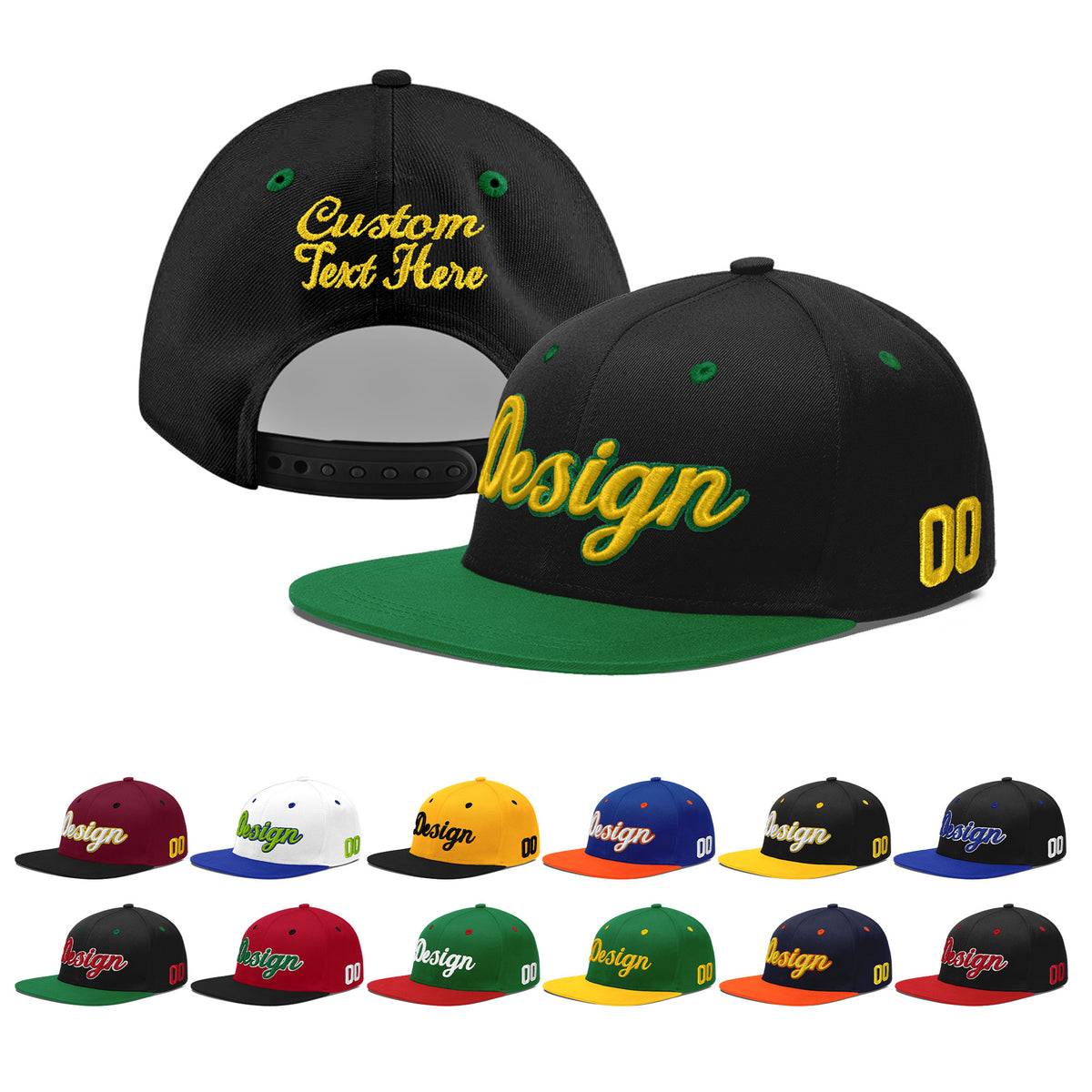 Custom Black Kelly Green 3D Puff Embroidery Flat Embroidery Casual Sport Baseball Cap
