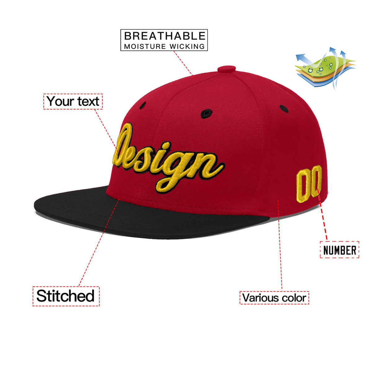 Custom Red Black 3D Puff Embroidery Flat Embroidery Casual Sport Baseball Cap