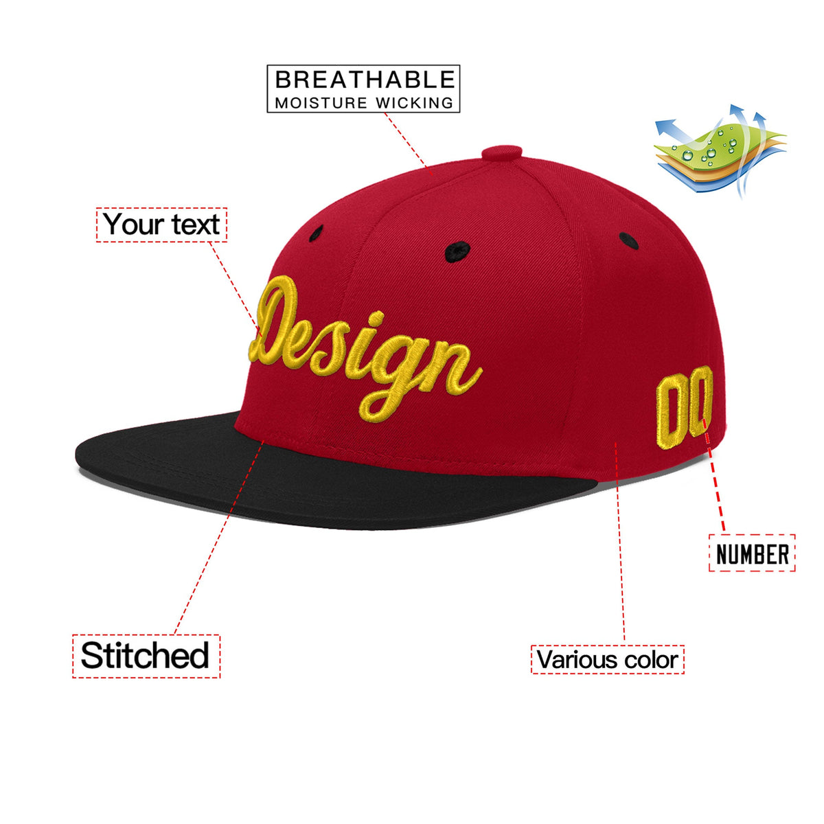 Custom Red Black 3D Puff Embroidery Flat Embroidery Casual Sport Baseball Cap