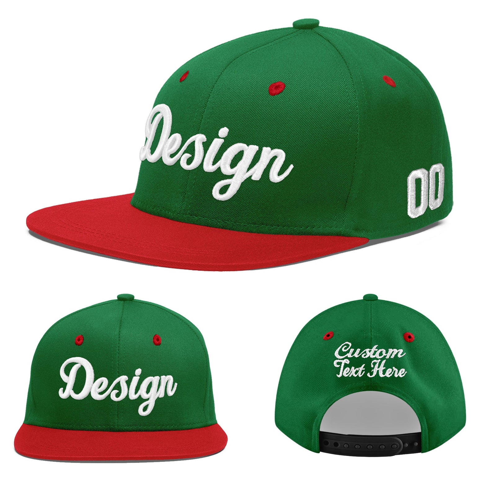 Custom Kelly Green Red 3D Puff Embroidery Flat Embroidery Casual Sport Baseball Cap