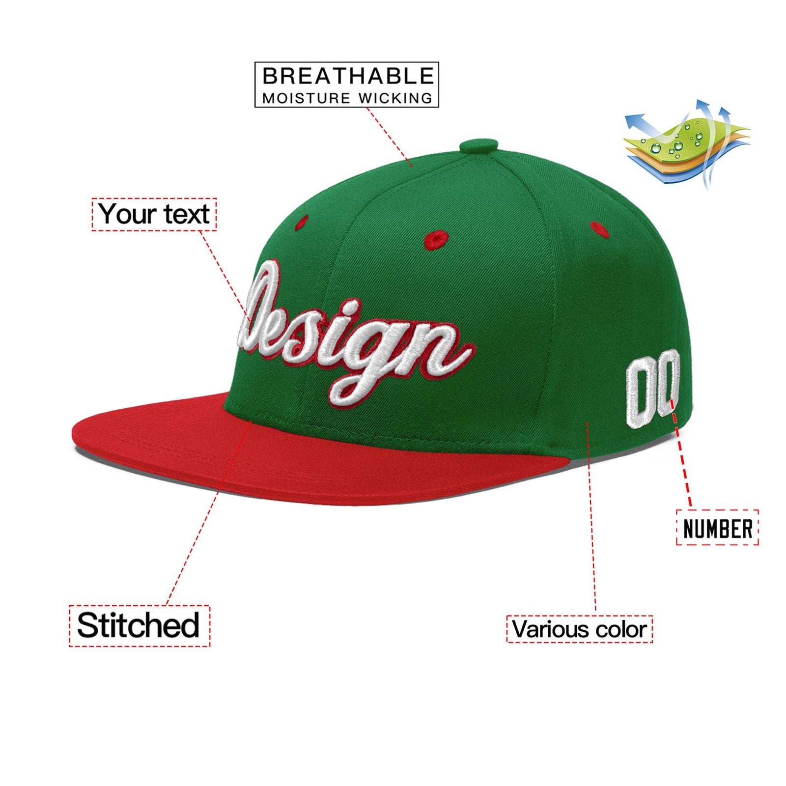 Custom Kelly Green Red 3D Puff Embroidery Flat Embroidery Casual Sport Baseball Cap