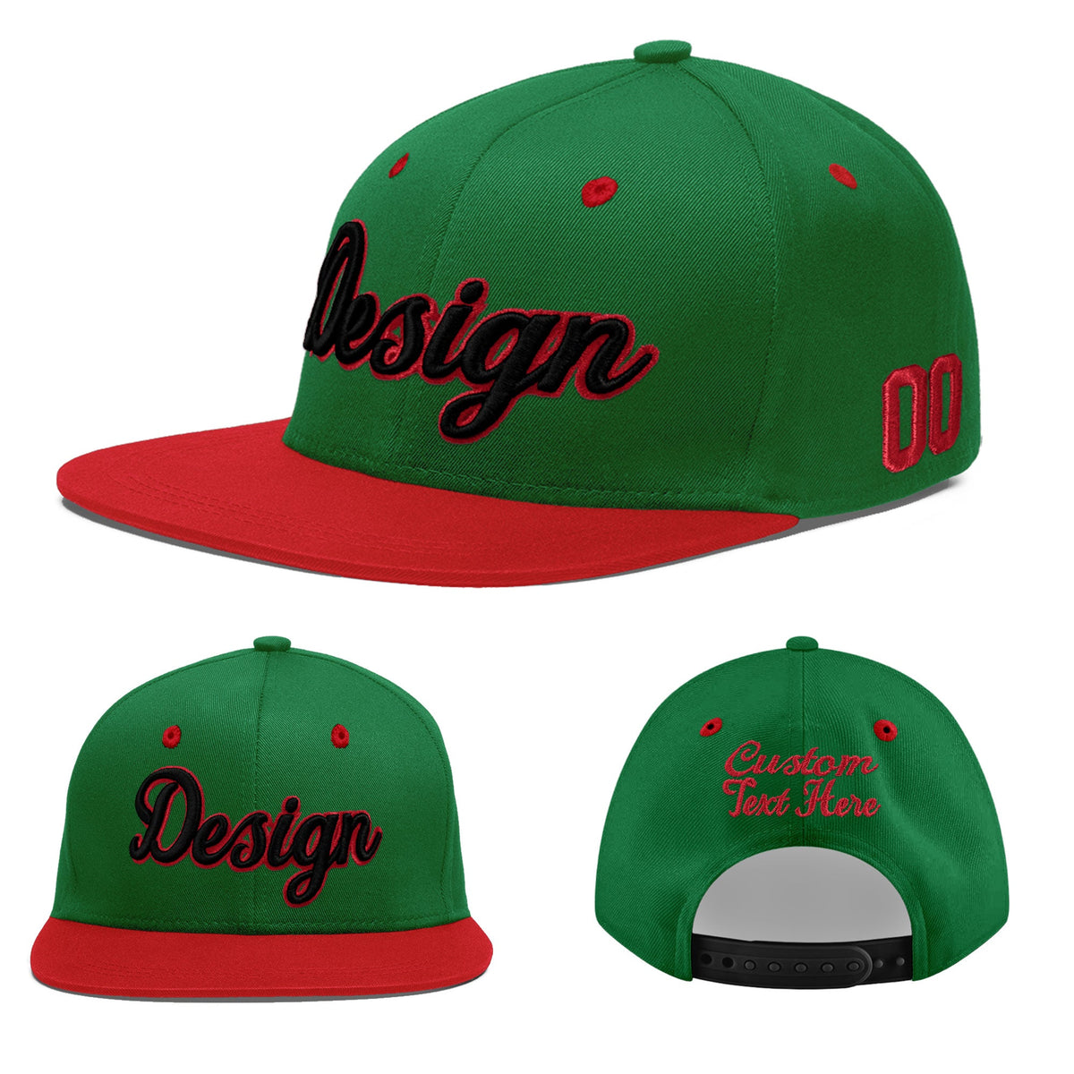 Custom Kelly Green Red 3D Puff Embroidery Flat Embroidery Casual Sport Baseball Cap