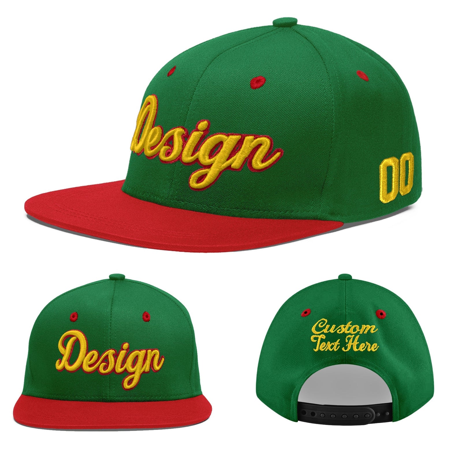 Custom Kelly Green Red 3D Puff Embroidery Flat Embroidery Casual Sport Baseball Cap