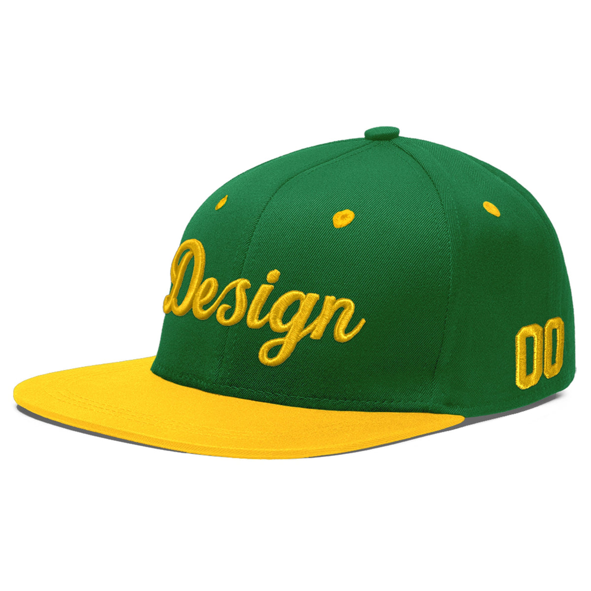 Custom Kelly Green Gold 3D Puff Embroidery Flat Embroidery Casual Sport Baseball Cap