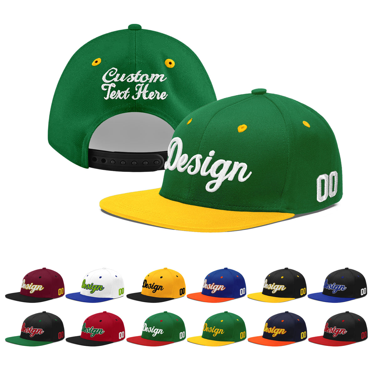 Custom Kelly Green Gold 3D Puff Embroidery Flat Embroidery Casual Sport Baseball Cap
