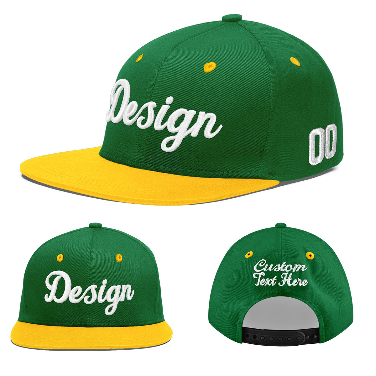 Custom Kelly Green Gold 3D Puff Embroidery Flat Embroidery Casual Sport Baseball Cap