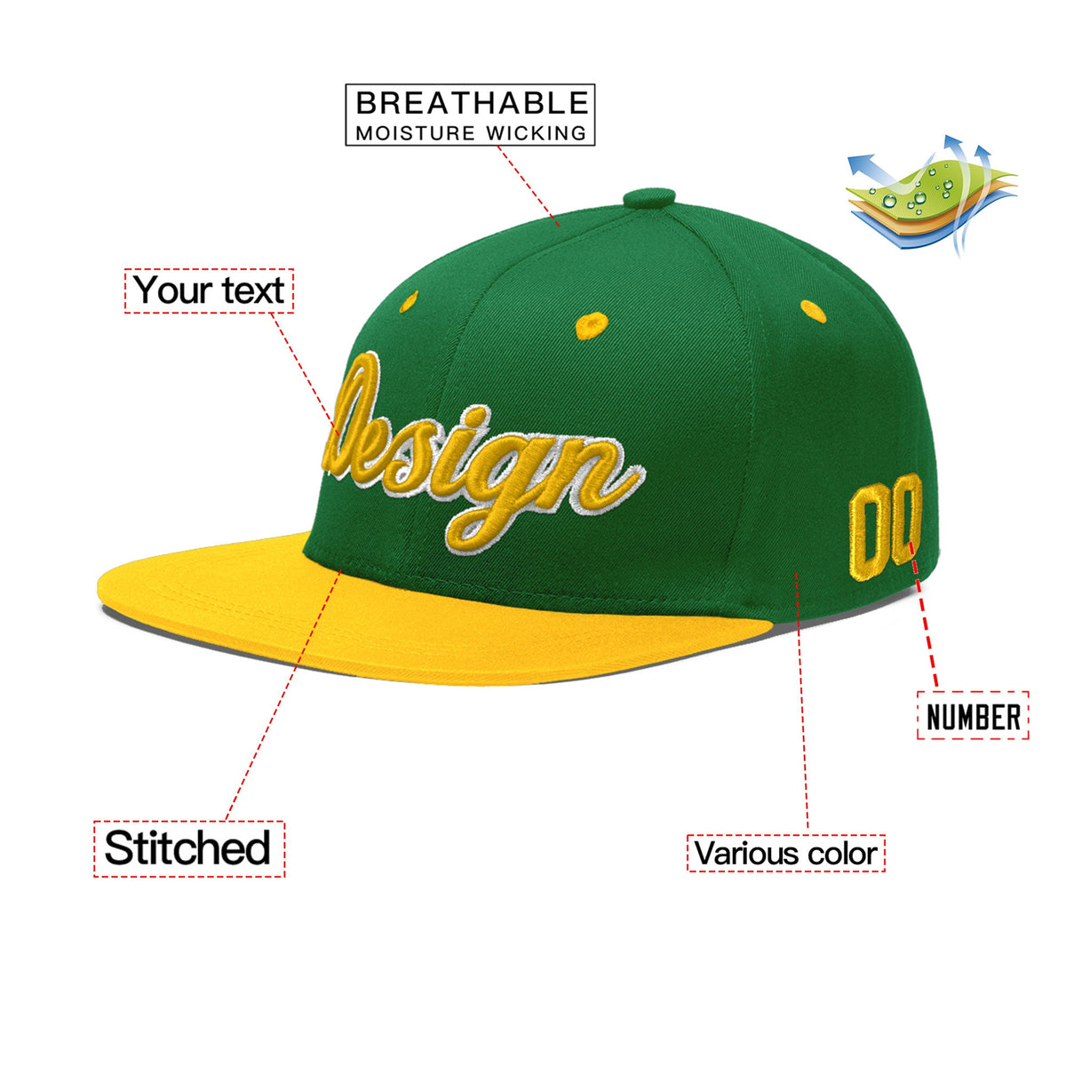 Custom Kelly Green Gold 3D Puff Embroidery Flat Embroidery Casual Sport Baseball Cap