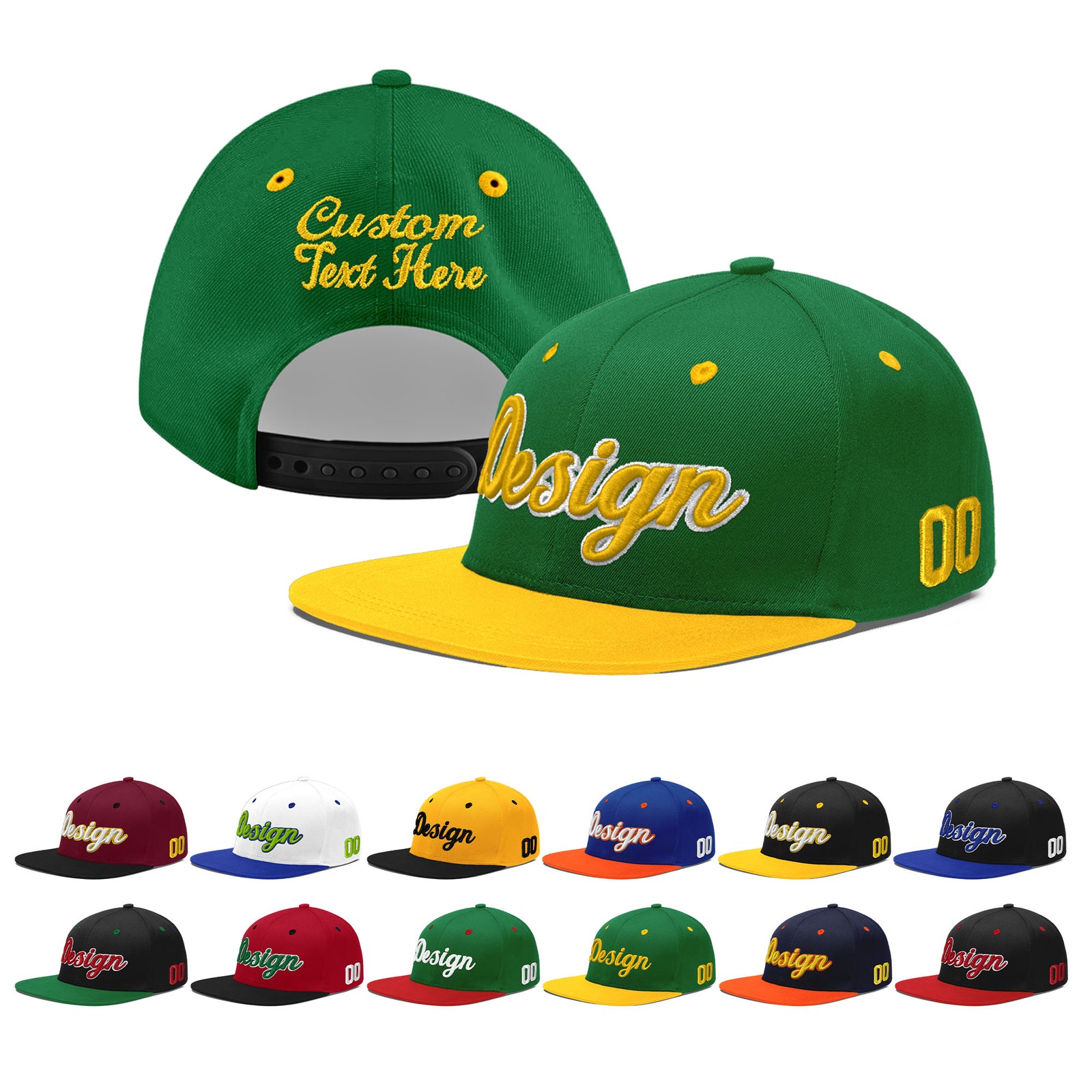 Custom Kelly Green Gold 3D Puff Embroidery Flat Embroidery Casual Sport Baseball Cap