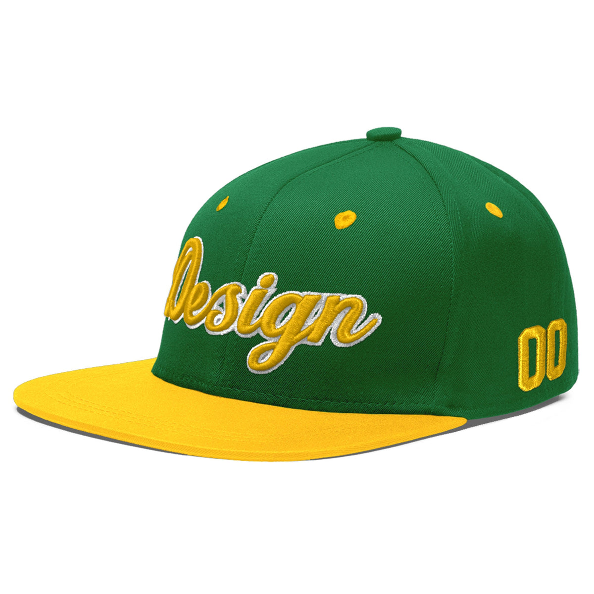 Custom Kelly Green Gold 3D Puff Embroidery Flat Embroidery Casual Sport Baseball Cap