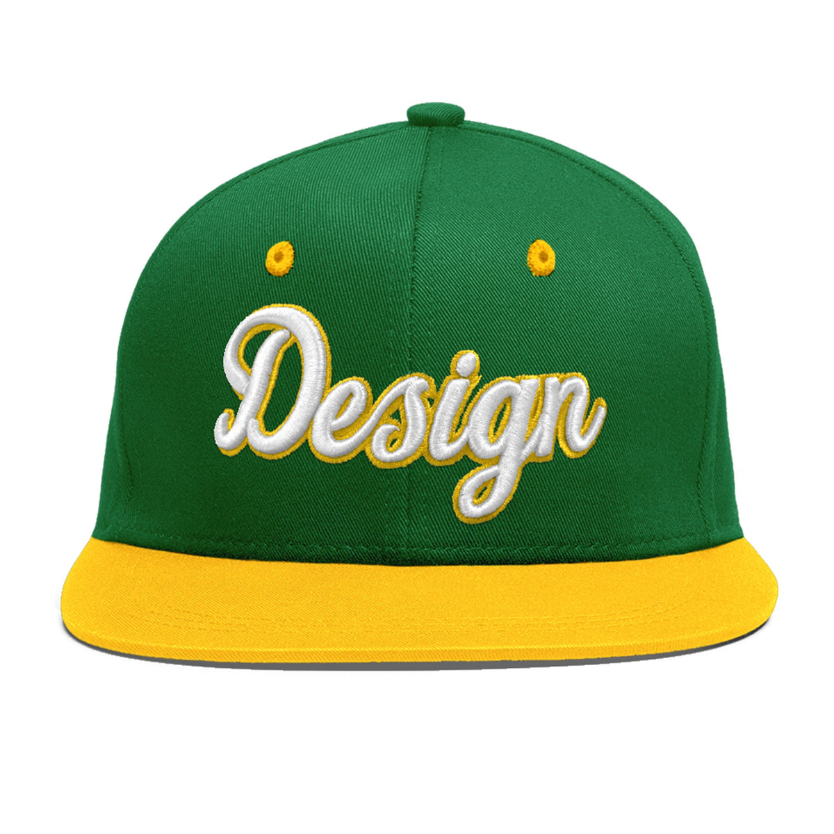 Custom Kelly Green Gold 3D Puff Embroidery Flat Embroidery Casual Sport Baseball Cap