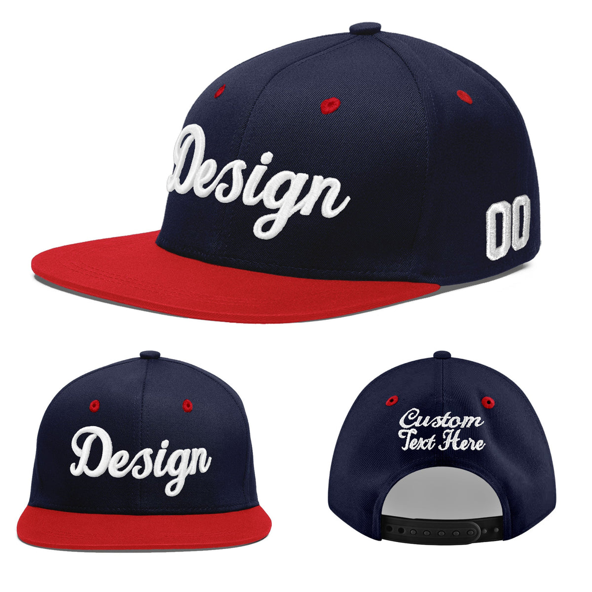 Custom Navy Red 3D Puff Embroidery Flat Embroidery Casual Sport Baseball Cap