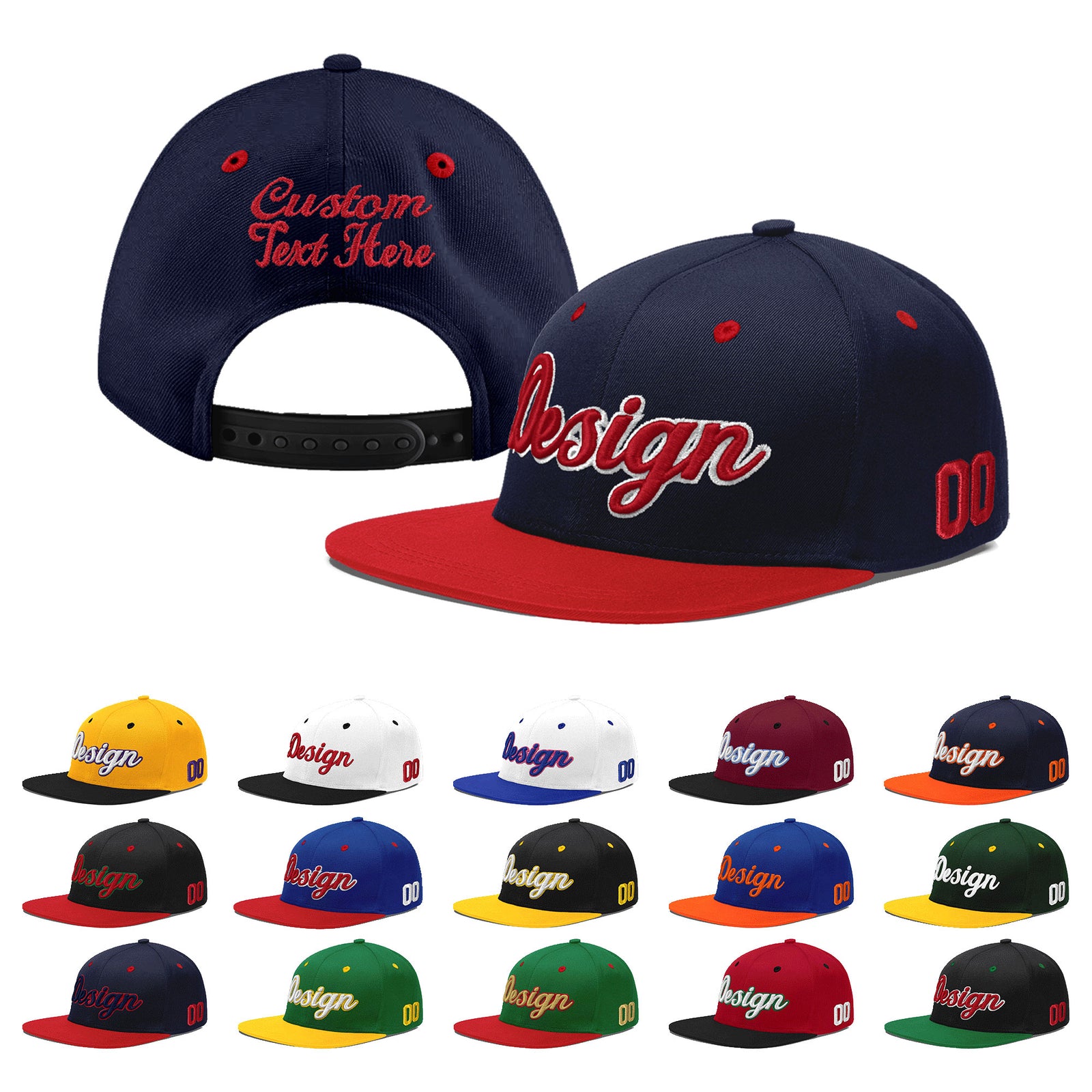 Custom Navy Red 3D Puff Embroidery Flat Embroidery Casual Sport Baseball Cap