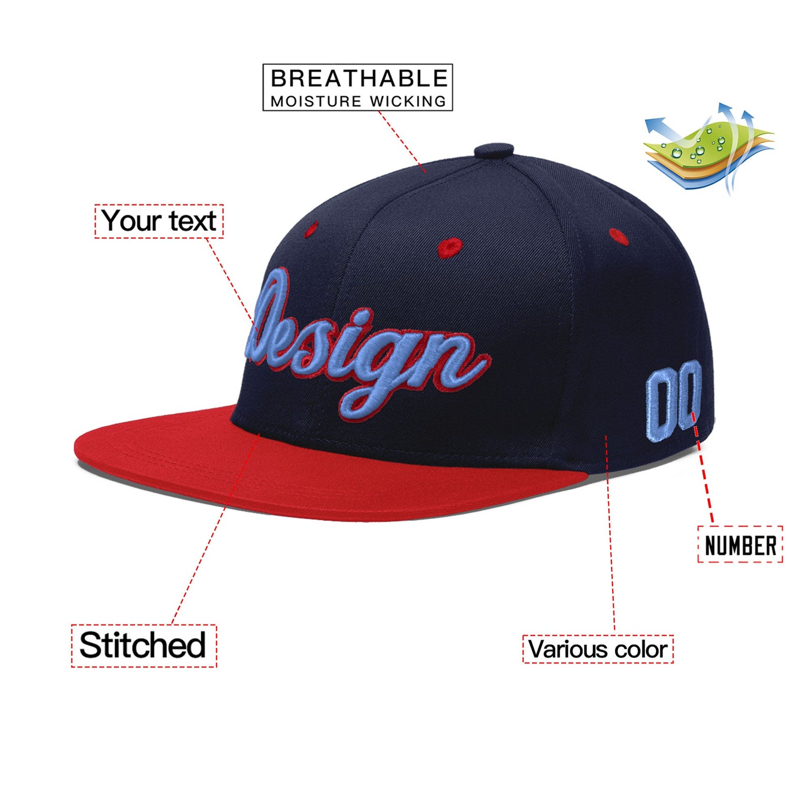 Custom Navy Red 3D Puff Embroidery Flat Embroidery Casual Sport Baseball Cap