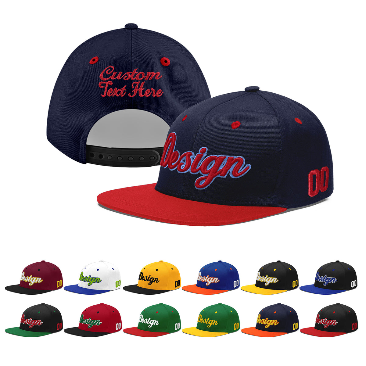 Custom Navy Red 3D Puff Embroidery Flat Embroidery Casual Sport Baseball Cap